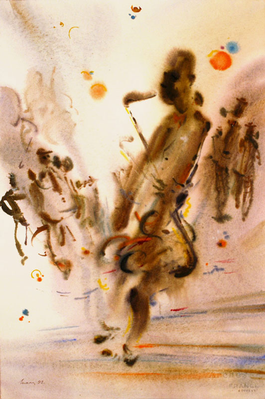Watercolor wet-on-wet Shalumov Jazz Saxophonist abstract contemporary art free style