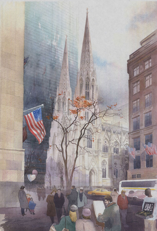 watercolor paintings wet-on-wet artist Shalum Shalumov cityscape St Patric Cathedral New York