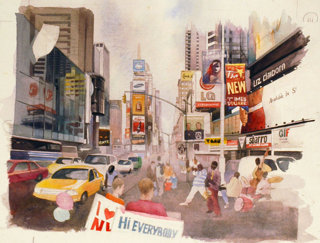 watercolor paintings wet-on-wet artist Shalum Shalumov cityscape Times Square New York