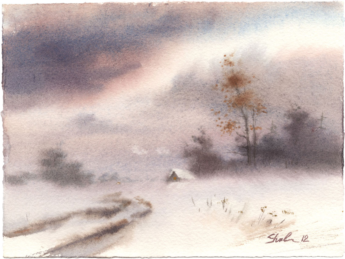 watercolor paintings wet-on-wet winter landscape fine art aquarelle artist Shalum Shalumov 