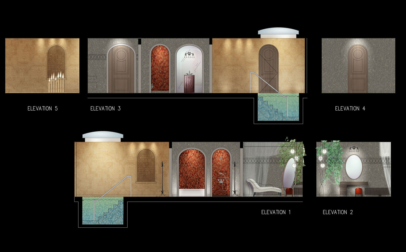 Mikvah Architectural interior design project, concept sketch, Photoshop over AutoCAD elevations by Shalumov