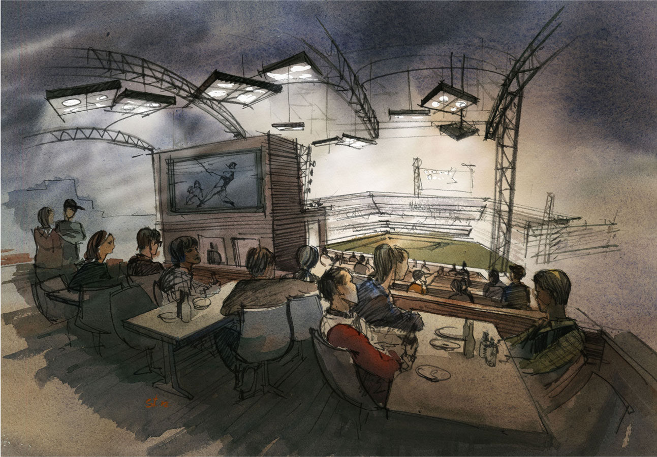 Architectural concept sketch, freehand rendering watercolor restaurant hotel roof architectural illustration