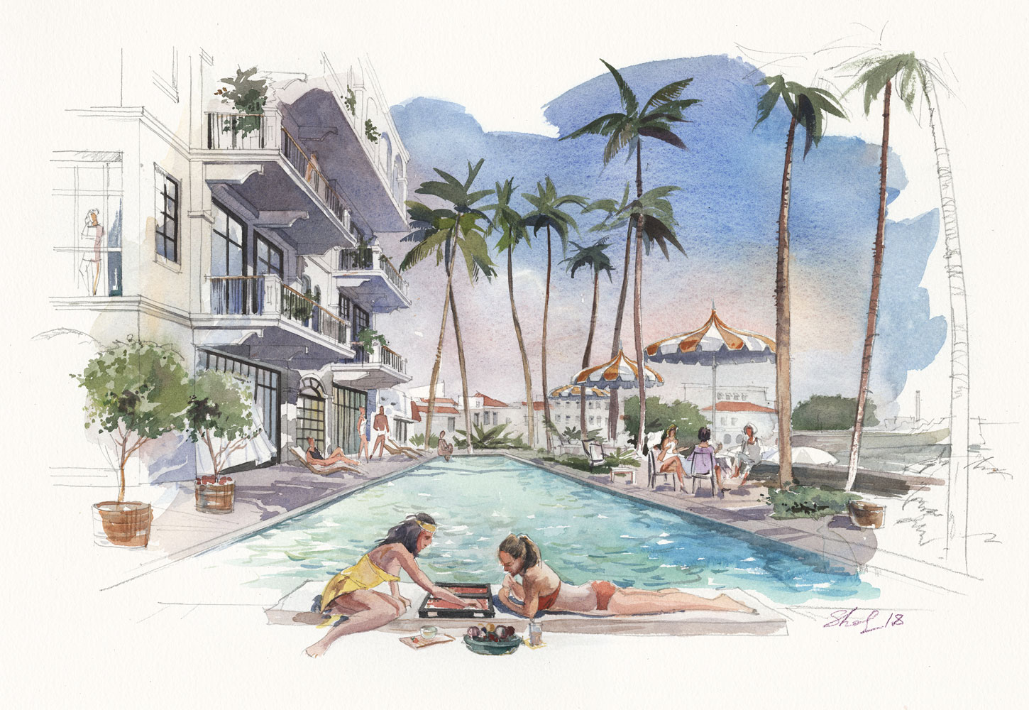 Watercolor architectural freehand rendering concept sketch visualisation architecture condominium Casco Viejo Panama