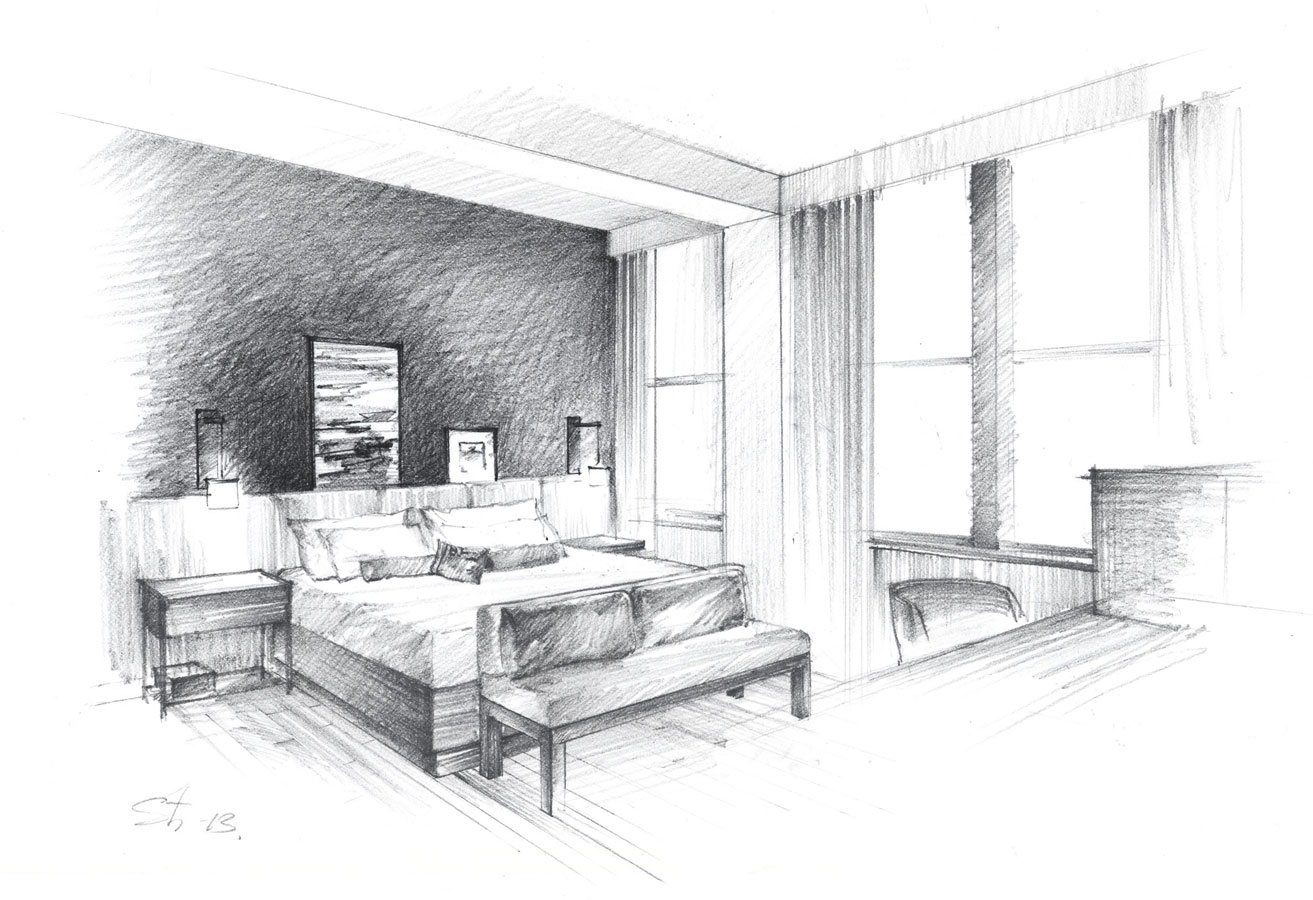 Architectural freehand pencil rendering concept sketch architecture illustration interior design hotel room New York visualization artist Shalum Shalumov