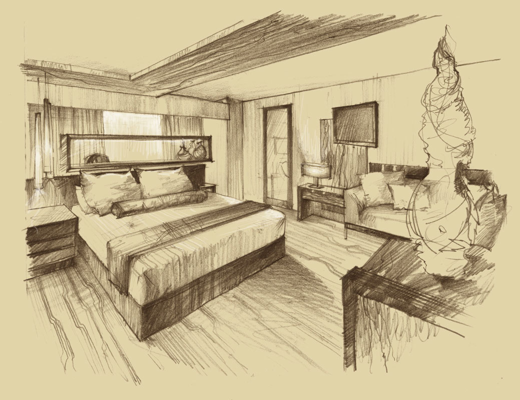 Architectural freehand pencil rendering concept sketch architecture illustration visualization architectural graphics presentation artist Shalum Shalumov interior design hotel room New York